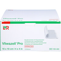 <hr><span style='background-color:yellow;display:inline-block'><span style='color:black;font-size:1.7em'> ⚠ </span><b style='color:red;font-size:1.4em;font-style:italic'>Foto nur ähnlich, von: </b></span><br>VLIWAZELL Pro superabsorb.Kompr.steril  <b><em><u>10x10 cm</u></em></b>
